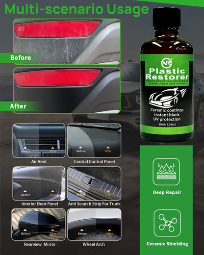 Plastic Restorer for Cars, 60ML Black Trim Restorer, Back to Black Plastic Restorer, High Concentration Ceramic Crystal Hydrophobic Coating Lasting Shine Up to 12 Months+ & UV Protection & Deep Repair