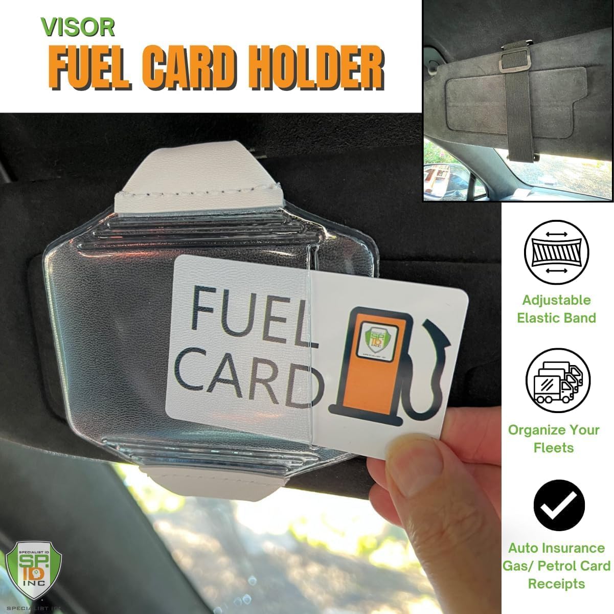 2 Pack - Heavy Duty Visor Fuel Card Holder with Clear Vinyl Pocket - Truck & Car Accessories for Interior - Drivers License, Auto Insurance Card & Fleet Vehicle Gas Log Storage - Specialist ID (Black)