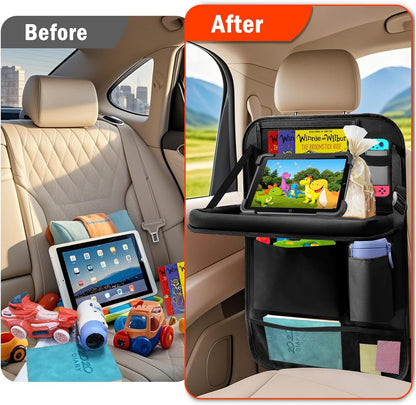 2Pack Car Backseat Organizer with Foldable Table Tray,6 Storage Pockets Car Storage Organizer with Tablet Holder,Car Seat Back Protectors Kick Mats Travel Accessories (Black)