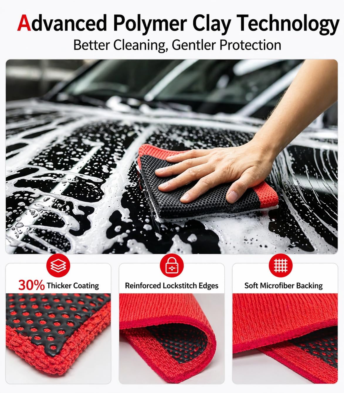 3-in-1 Clay Towel Kit for Car Detailing, 12" x 12" Clay Towels & Clay Mitt, Upgraded Rubber Polymer Coating, Synthetic Clay Bar Alternative, Remove Iron Dust, Bugs, Tree Sap & Contaminants