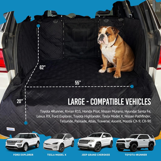 Bulldogology SUV Cargo Liner for Dogs 55"x82" Heavy Duty Pet Trunk Cargo Cover Area - Trunk Cover Car Protector for Dogs Waterproof Nonslip Mat - Dog Cargo Liner SUVs Vans Cars (Large, Black)