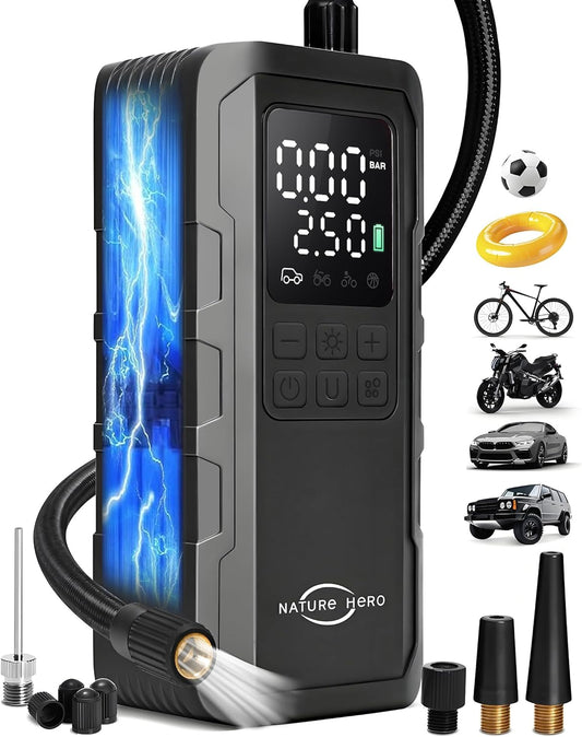 Tire Inflator Portable Air Compressor - 7500mAh Air Pump for Car Tires, 150PSI Cordless Tire Pump with Pressure Gauge & LED Lights - 3X Faster for Car, Motorcycle, Balls and Bicycle, Black