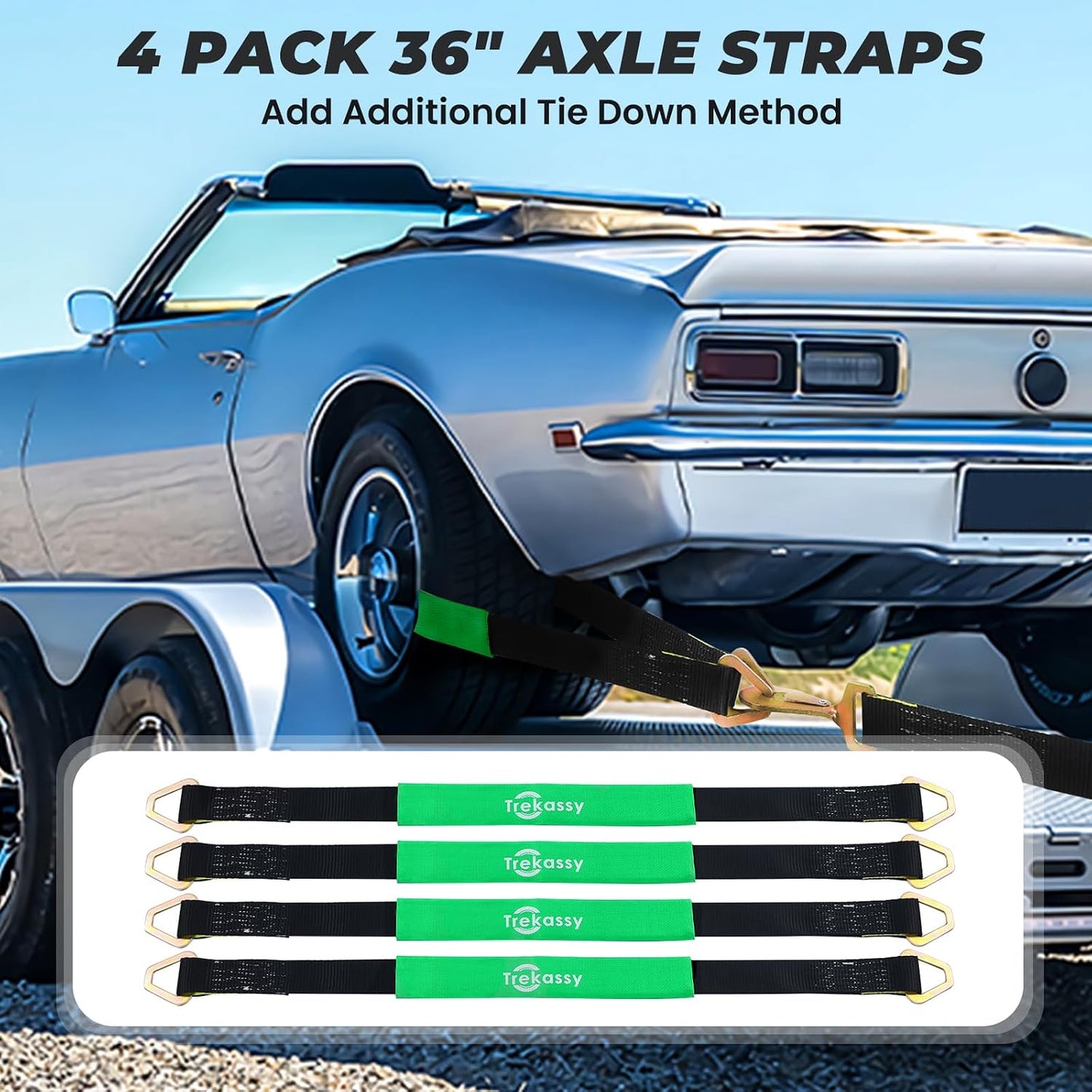 Trekassy 2" x 144" Car Tie Down Straps for Trailers, Heavy Duty Tire Tie Downs for ATV/UTV, 10000lbs Break Strength, Include 4 Axle Straps for Different Uses
