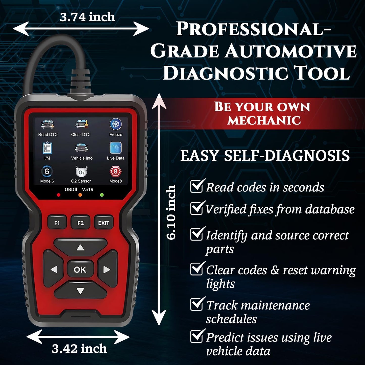 Professional OBD2 V519 Scanner - 2026 Upgraded OBDII + CAN Code Reader, Live Data, Battery Test, 40000+ DTC Library, I/M Readiness, Check Engine Light & Smog Test - All Vehicles After 1996