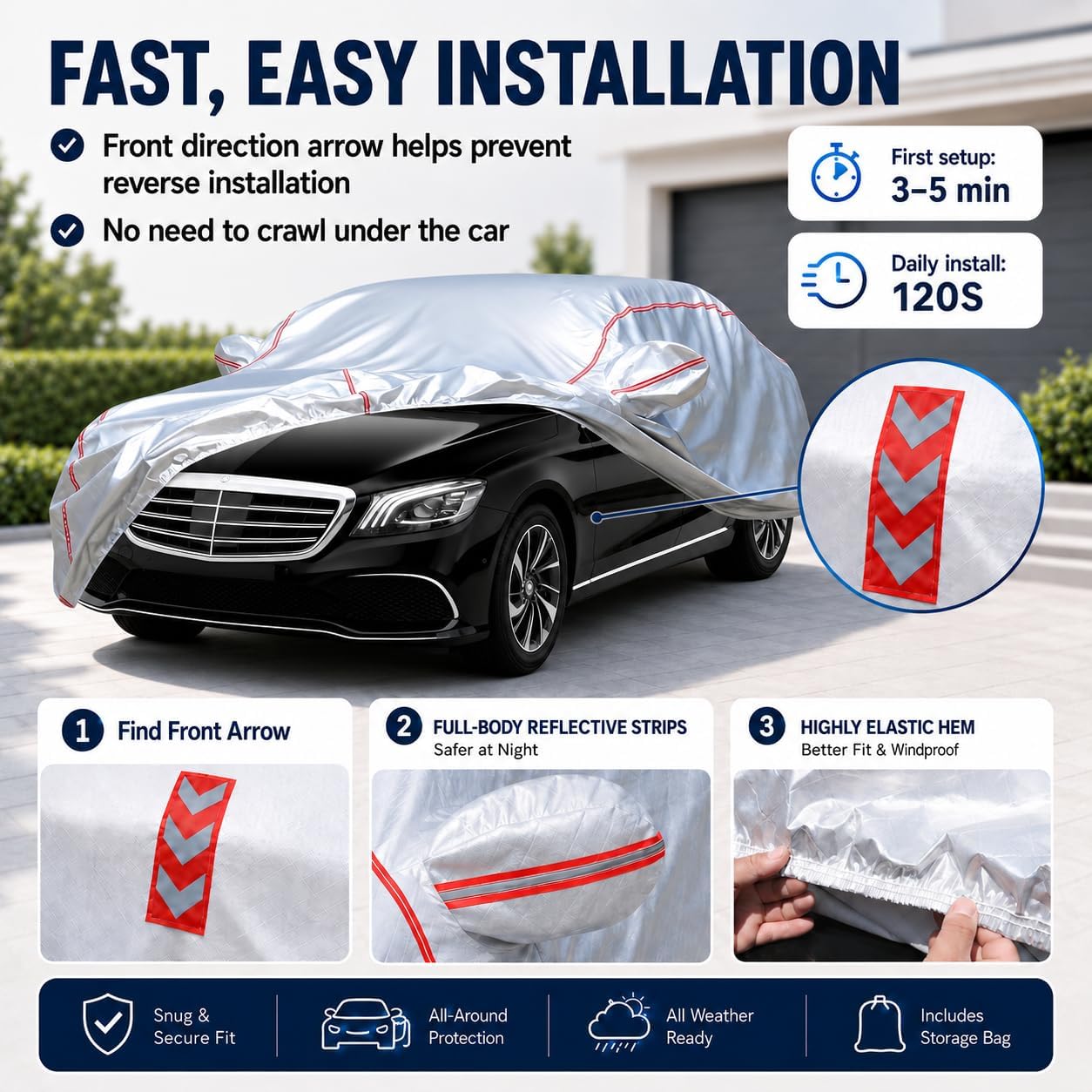 Car Cover for Sedan, Waterproof All Weather Heavy Duty, 360° Underbody Wrap Windproof Design, Quick Install Outdoor Vehicle Cover, Fits 186-193 in