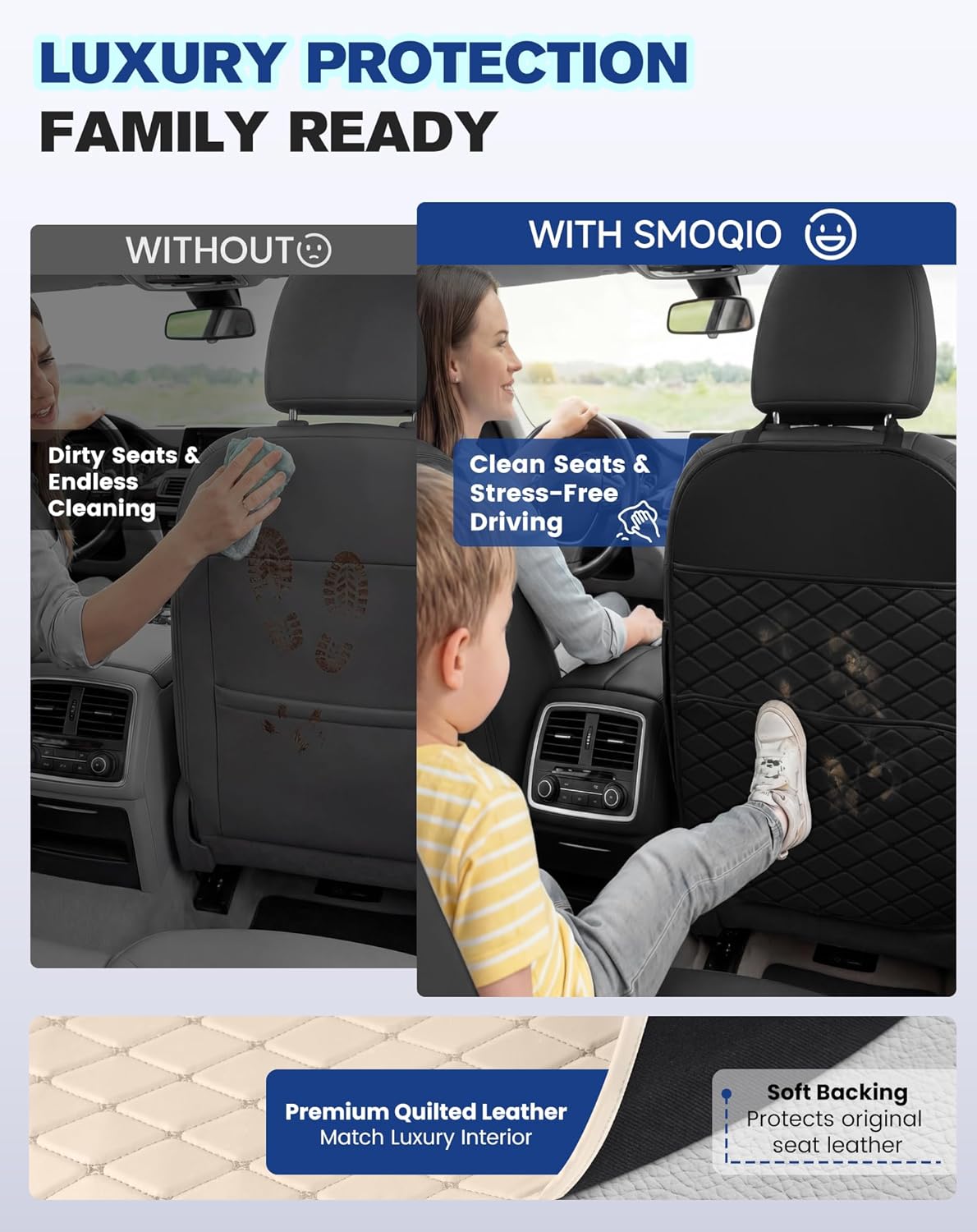 Seat Back Protectors for Kids, Car Kick Mats for Back of Front Seats with Large Pocket Organizer, Waterproof, Protects Against Dirt, Scuffs & Scratches, Fits Most Vehicles, 2PCS (Black)