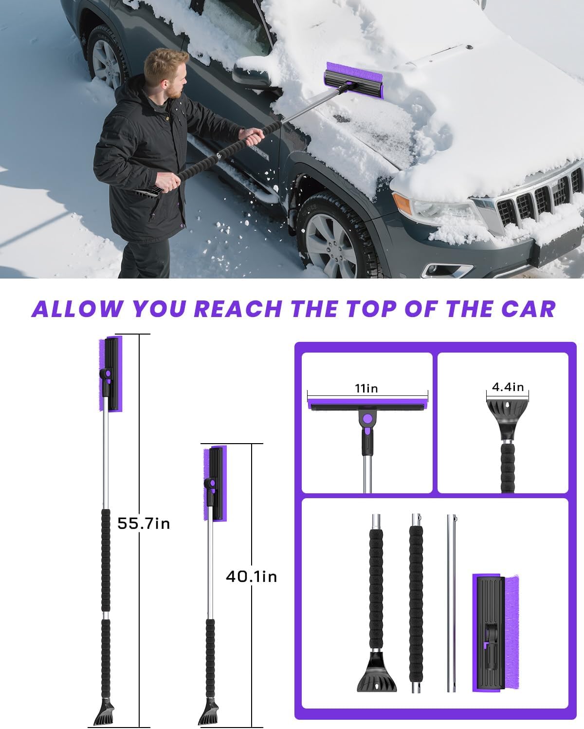 helloleiboo 2025 Extra Long 55.7" Ice Scrapers for Car Windshield Multi-Functional Detachable Car Ice Scraper with Foam Grip and 270° Pivoting Brush Head Snow Brush for SUV Truck Auto (Blue)