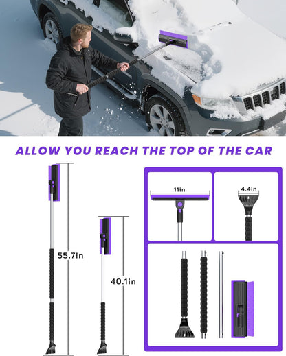 helloleiboo 2025 Extra Long 55.7" Ice Scrapers for Car Windshield Multi-Functional Detachable Car Ice Scraper with Foam Grip and 270° Pivoting Brush Head Snow Brush for SUV Truck Auto (Blue)