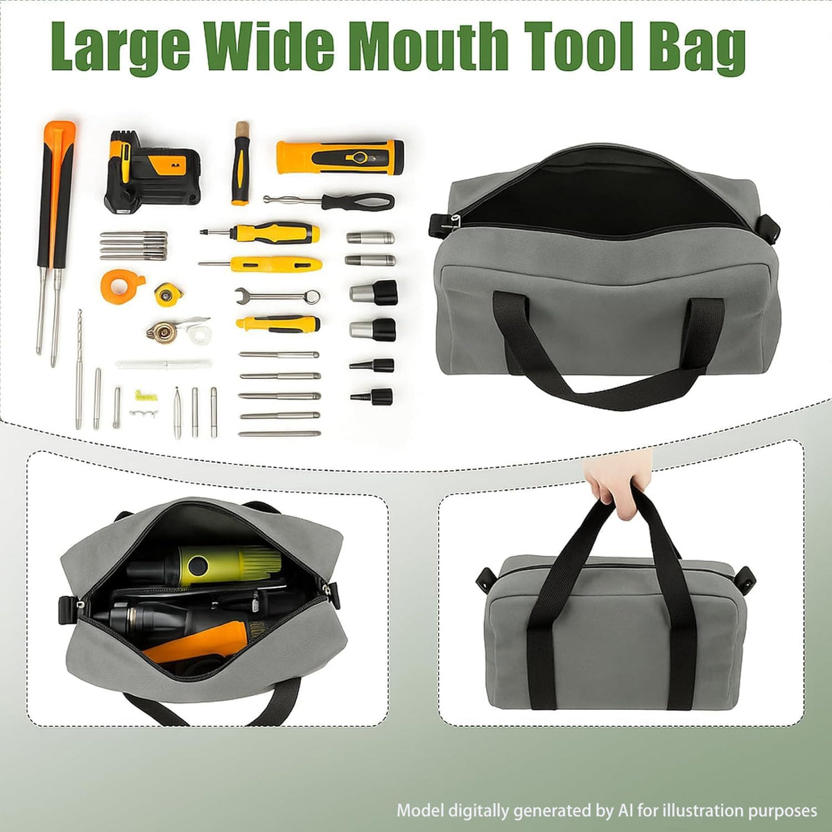 Small Tool Bag,Close Top Wide Mouth Tool Organizer Bag,Large Capacity Tool Bags for Men,Canvas Tool Storage Bag for Storage Handbag for Screwdrivers,Wrench,Pliers Hand Tools (black, 12 Inch)