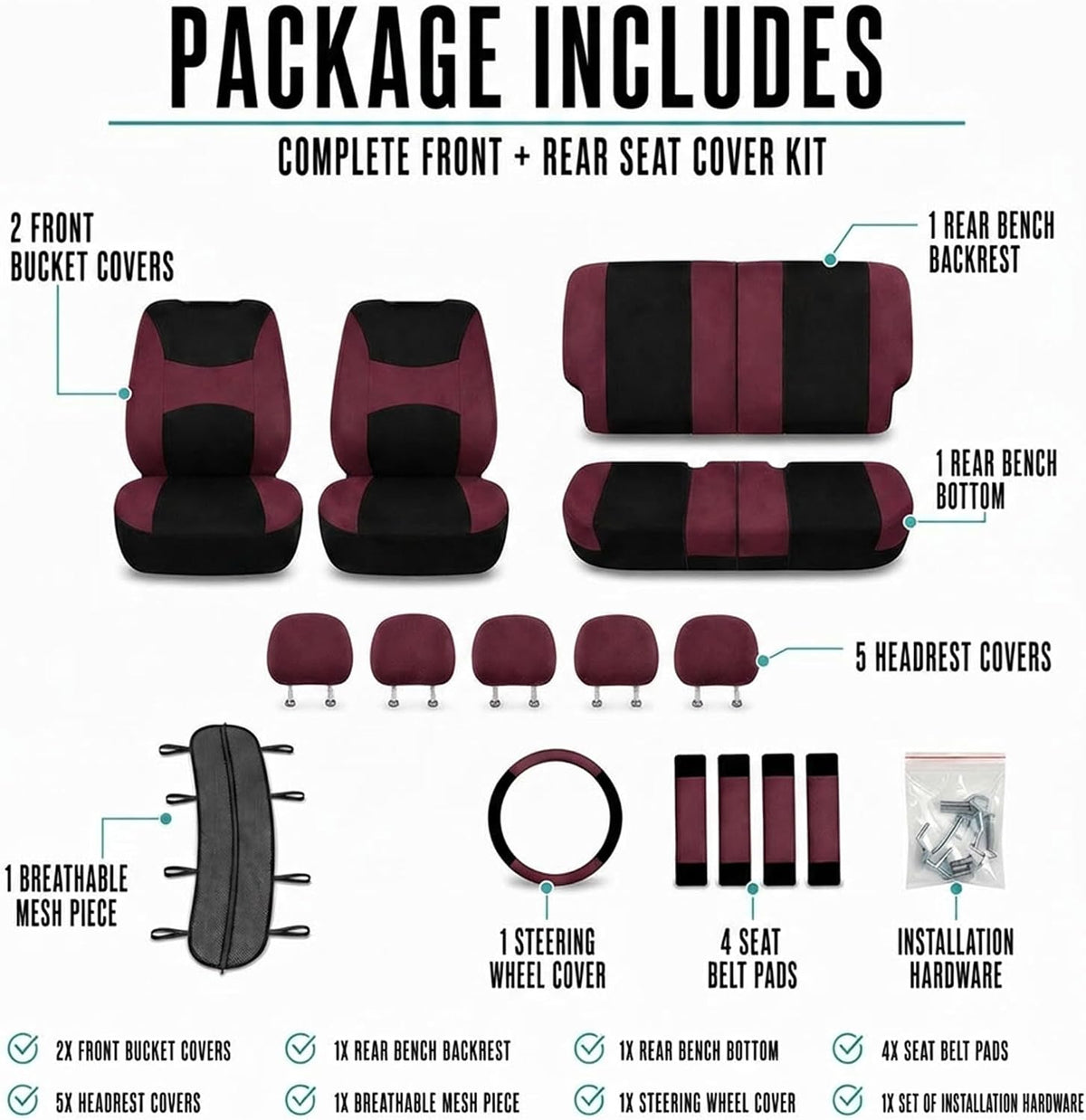 FH Group Full Set Cloth Car Seat Covers, Universal Fit Front and Split Bench Rear, Airbag Compatible, Washable for SUV, Sedan, Van - Black