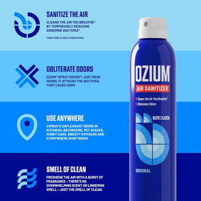 Ozium® 8 Oz. Air Sanitizer & Odor Eliminator for Homes, Cars, Offices and More, Original Scent - 4 Pack | Reduces Airborne Bacteria Eliminates Smoke & Malodors
