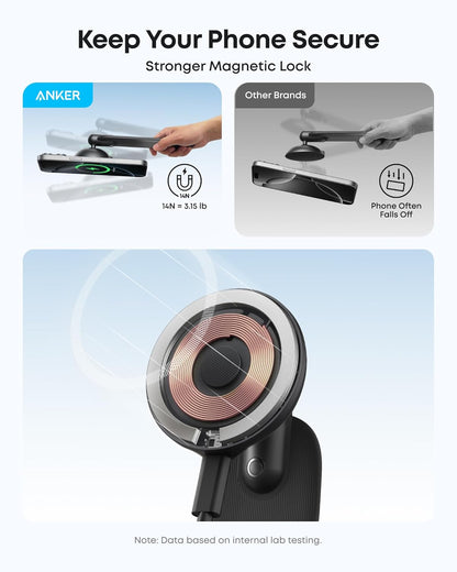 Anker Nano Magnetic Wireless Car Charger, 360° Adjustable Mount Car Charger with Detachable Pad, 15W Qi2 Certified with Alloy Bracket, Fast Charging for iPhone 17/16/15/14/13 Series (Adapter Included)