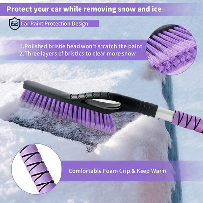 OUSHASAA 27" Snow Brush and Ice Scrapers for Car Windshield 2 Pack |Scratch-Free Bristle Head PVC Snow Brush & Foam Grip Window Snow Scraper Snow Removal Tool with Aluminum Body for Truck, SUV,Purple