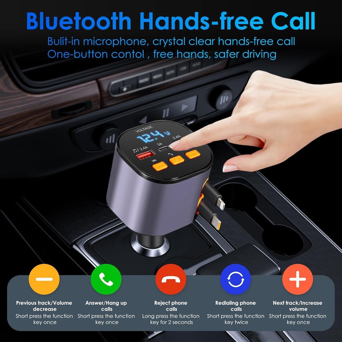 Retractable Car Charger,5 in 1 Fast Cars Phone Charger 90W,Bluetooth 5.3 FM Transmitter Adapter,Handsfree Call,2 Retractable Cables and USB Chargers for iPhone17/16 15/14/13