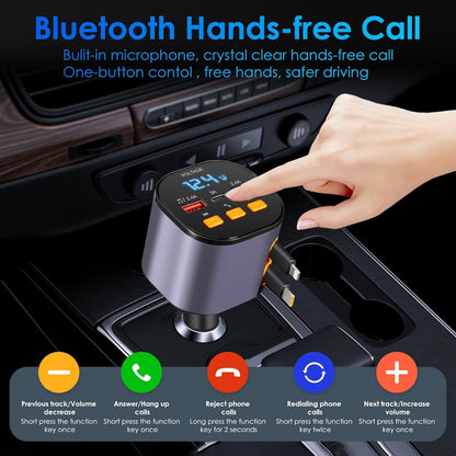 Retractable Car Charger,5 in 1 Fast Cars Phone Charger 90W,Bluetooth 5.3 FM Transmitter Adapter,Handsfree Call,2 Retractable Cables and USB Chargers for iPhone17/16 15/14/13