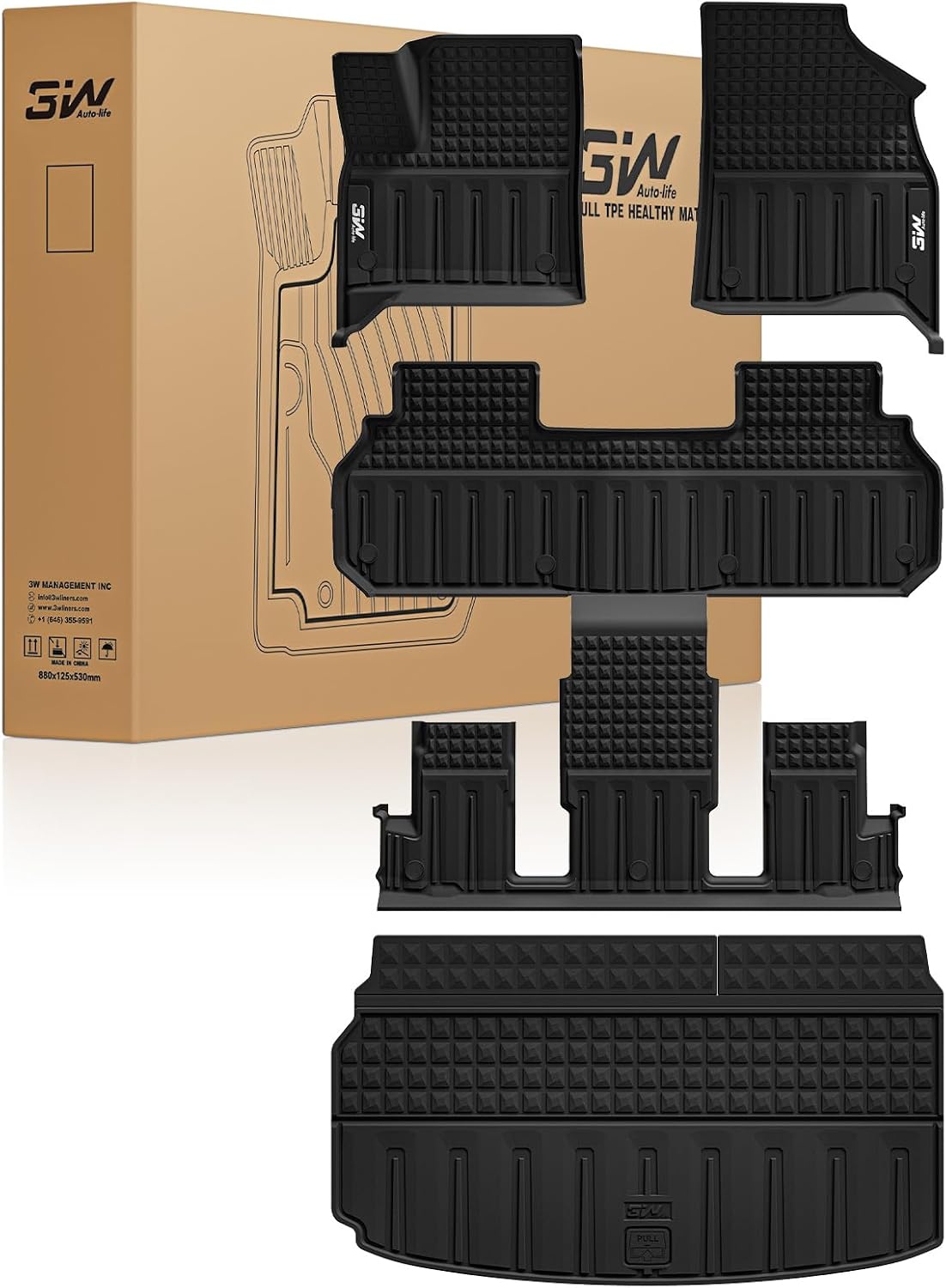 3W Floor Mats & Cargo Liner Fit for 2021 2022 2023 2024 2025 2026 Chevy Tahoe/GMC Yukon/Cadillac Escalade 7 Seat, TPE All Weather Custom Fit Car Accessories Heavy Duty Rubber Full Set Trunk Mats - Colors B