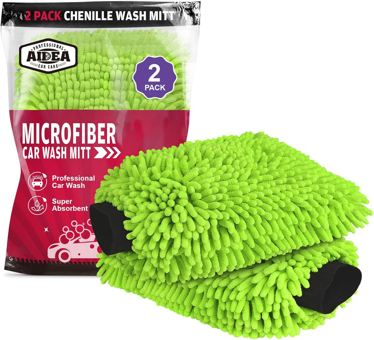 AIDEA Car Wash Mitt Microfiber, 1PK-Scratch-Free& Lint-Free, Premium Chenille Microfiber Mitt Car Wash Brush-Green Regular Size (7.12''X10.14'')