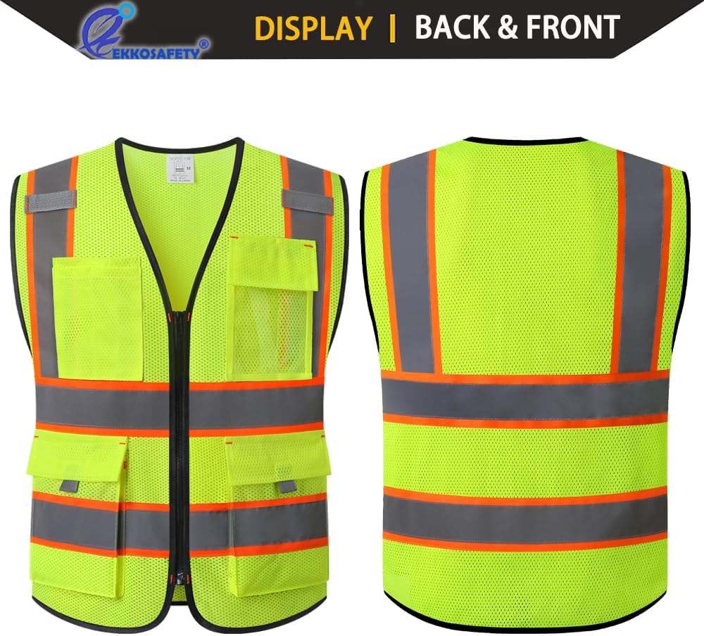 Reflective Mesh Safety Vest for Men Women with 5 Pockets and Zipper Front High Visibility Mesh Vest Hi Vis Construction Work Vest,Meets ANSI/ISEA Standards(EK175-Yellow-L)