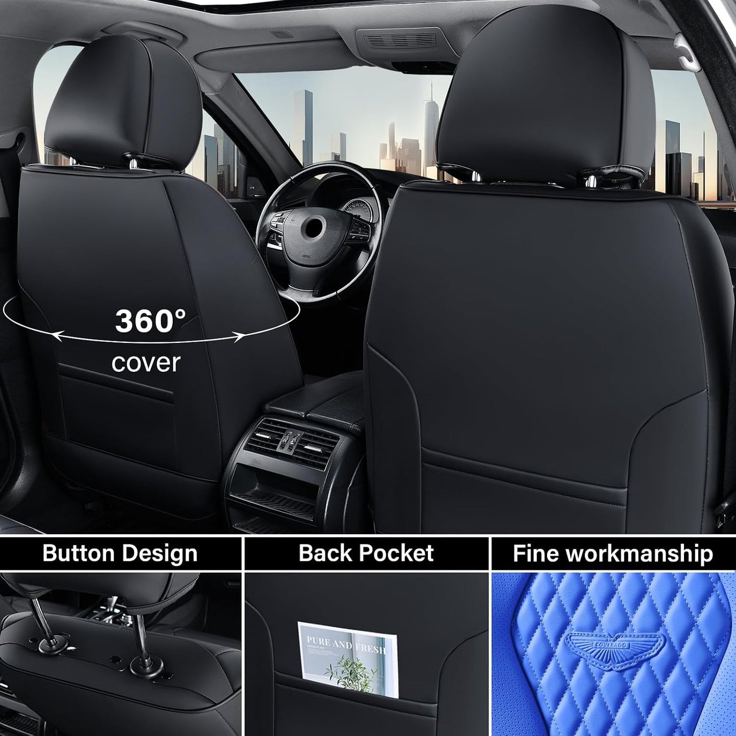Coverado Seat Covers, Car Seat Covers Full Set, Black Car Seat Cover, Car Seat Covers Front Seats Back Seat Cover, Waterproof Car Seat Cushion, Leather Seat Covers Seat Protector Fit for Most Cars