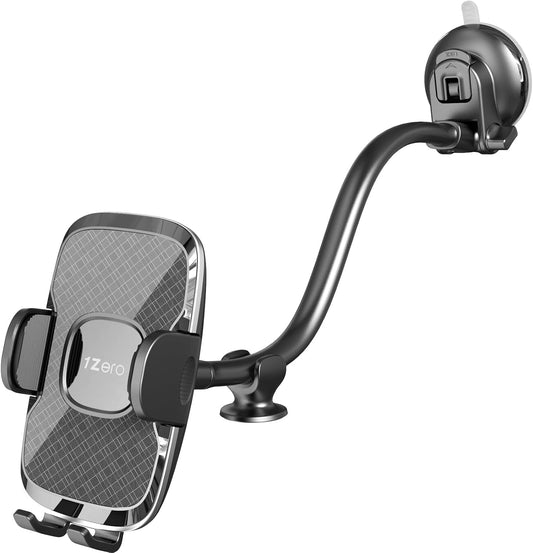 1Zero Solid Car Truck Phone Mount Holder with 14-Inch Gooseneck Long Arm, Windshield Window Mobile Holders w/Industrial-Strength Suction Cup, Anti-Shake Stabilizer Compatible All Cell Phones iPhone