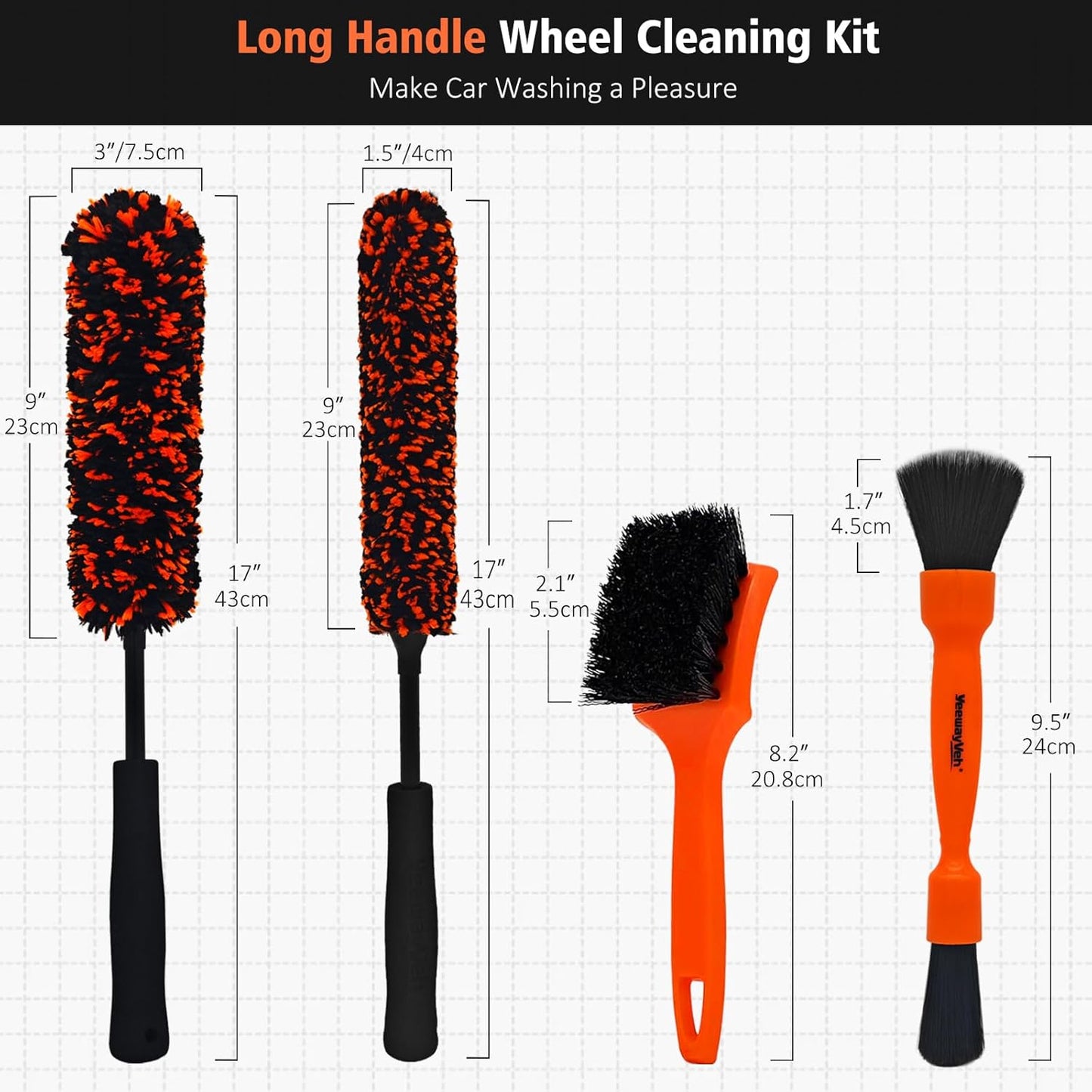 YeewayVeh 3PCS Quick Car Wheel Brush Kit, 2-Size 360° Bendale Rim Cleaner Brushes, Boars Hair Detailing Brush, Fast Scratch-Free Cleaning for Car Wheels, Motorcycle, Orange