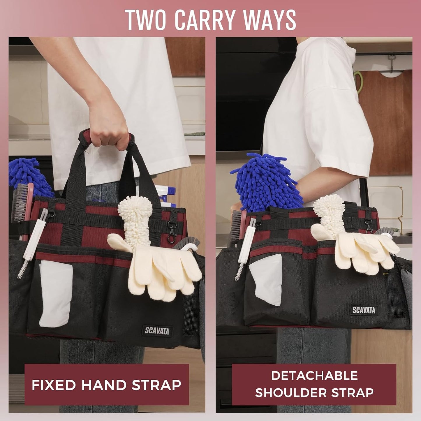 SCAVATA Compact Wearable Cleaning Caddy, Small Supplies Organizer with Handle & Shoulder Straps for Housekeepers, Under Sink & Car Cleaning Tool Organizer Bag (Black)