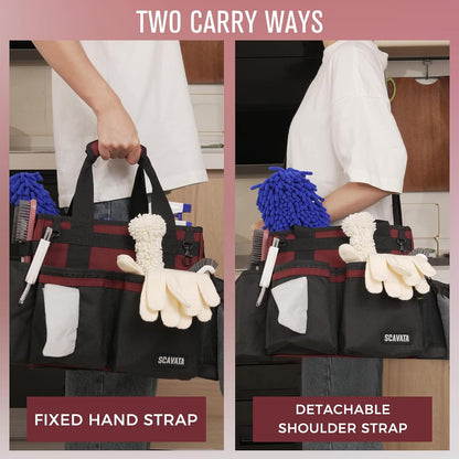 SCAVATA Compact Wearable Cleaning Caddy, Small Supplies Organizer with Handle & Shoulder Straps for Housekeepers, Under Sink & Car Cleaning Tool Organizer Bag (Black)