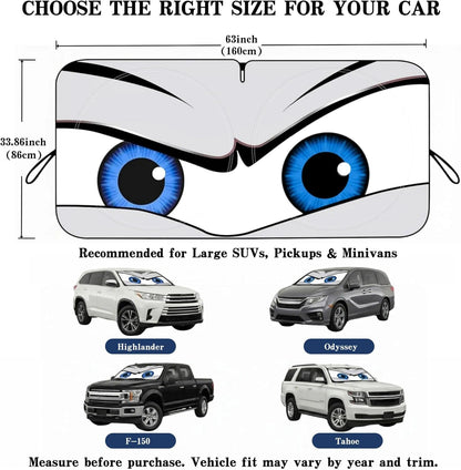 Car Windshield Sun Shade, Funny Cartoon Eyes Sun Visor for Car Windshield Universal Fits Sedan Compact Car Hatchback SUV, UV Heat Protection - 59 x 27.5