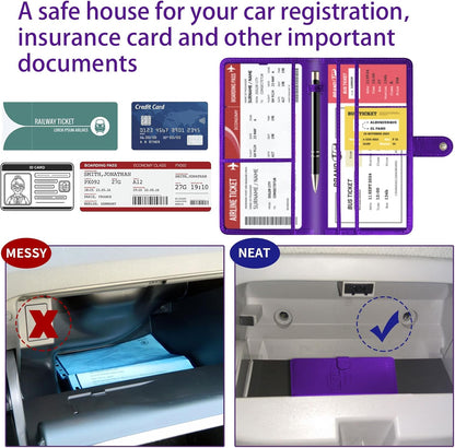 Car Registration and Insurance Card Holder with Magnetic Closure, Leather Vehicle Glove Box Automobile Documents Paperwork Wallet Case Organizer for ID, Driver's License, Key Contact Information Cards
