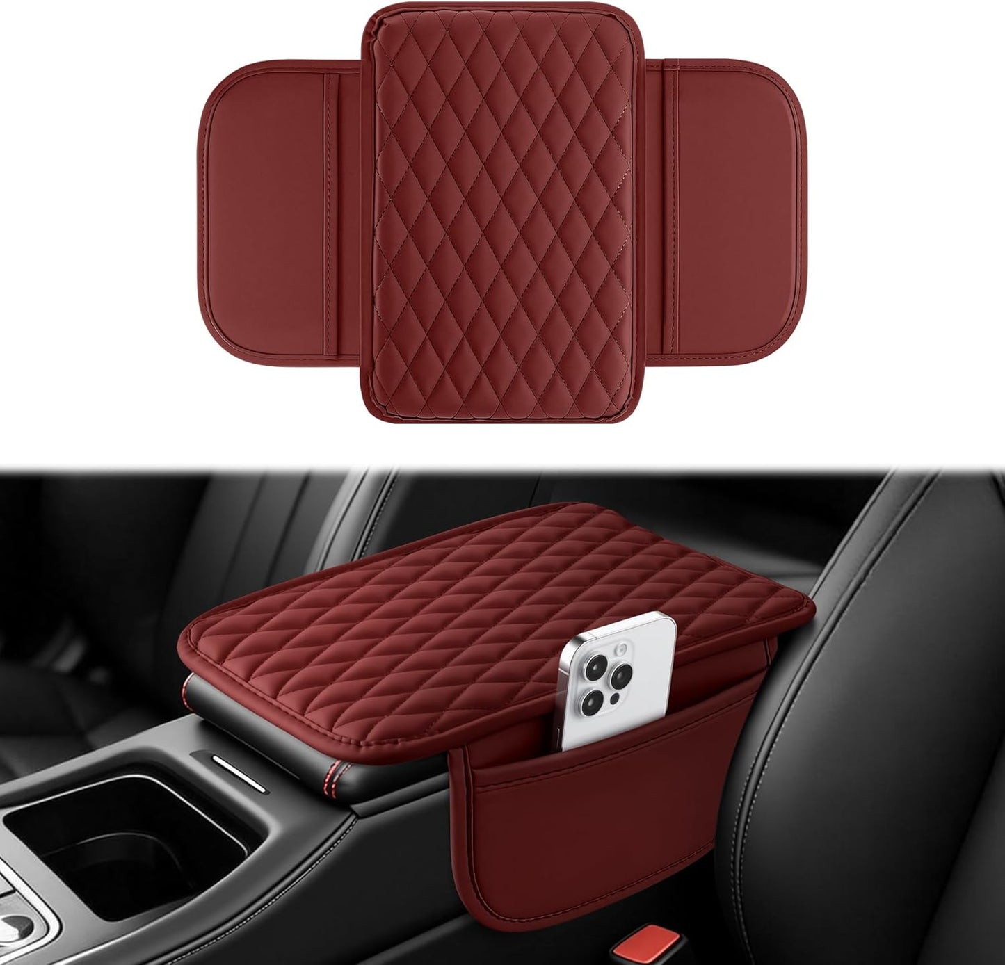 Amiss Car Center Console Cover, Upgraded Leather Car Armrest Cushion with 2 Storage Pockets, Universal Waterproof Cushion Pad, Non-Slip Car Interior Accessories, Fits Most Sedans SUVs Trucks (Black)
