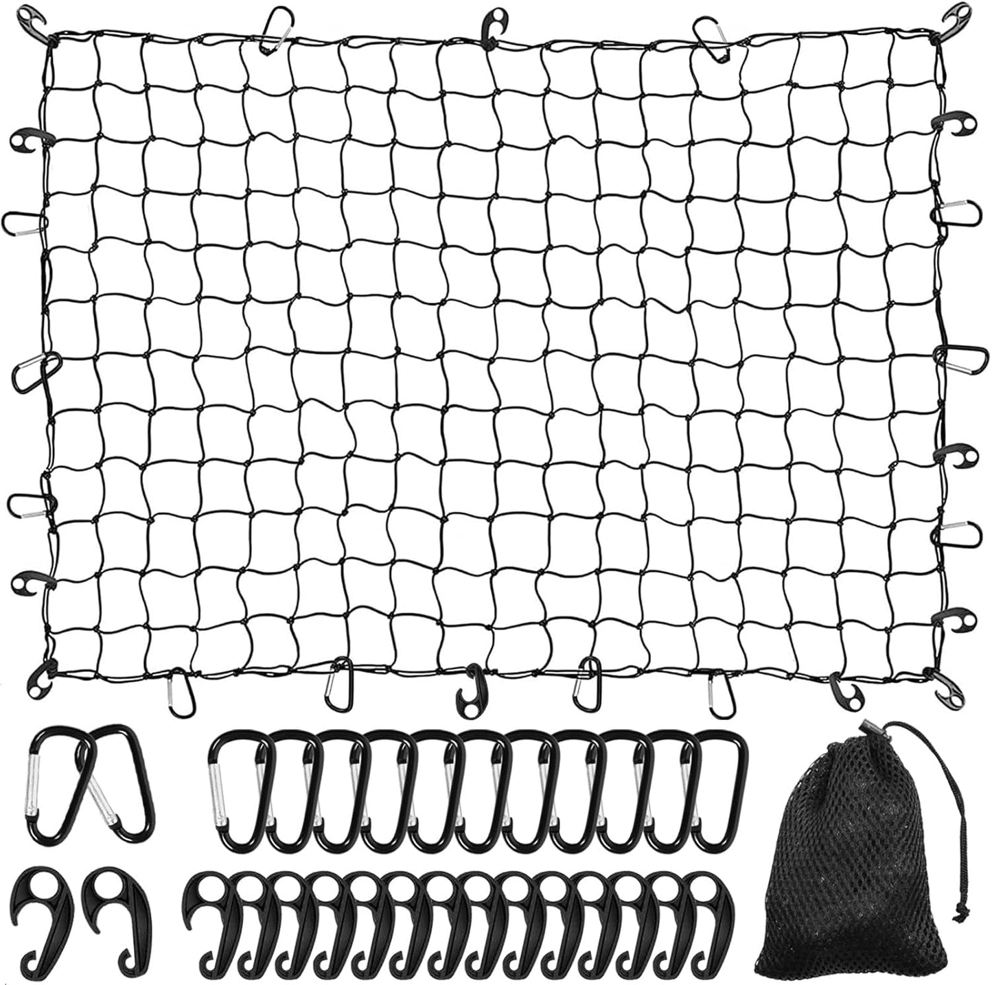 3' x 4' Cargo Net Stretches to 6' x 8', Heavy Duty Cargo Netting for Pickup Truck Bed, Roof Rack Net with Hooks Carabiners