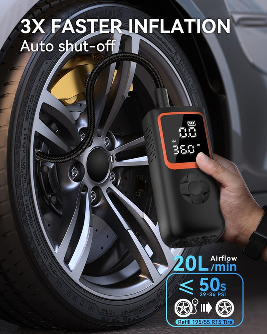 KOLTGOO Tire Inflator Portable Air Compressor - 150PSI Cordless Air Pump for Car Tires with Pressure Gauge & LED Light, 3X Faster Inflation Electric Air Compressor for Car Bikes, Motorcycle, Ball