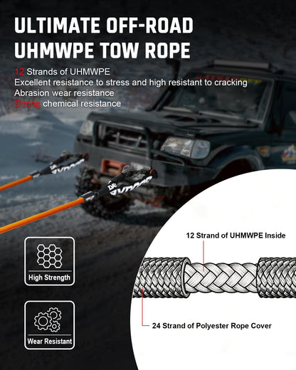 DAYDOOR Recovery Tow Rope Kit with 2 Soft Shackles, 7/16 Inch x 30 ft 31,200 Lbs UHMWPE Tow Strap, Synthetic Towing Rope Recovery Kit for ATV, UTV, SUV, Cars (Gray)