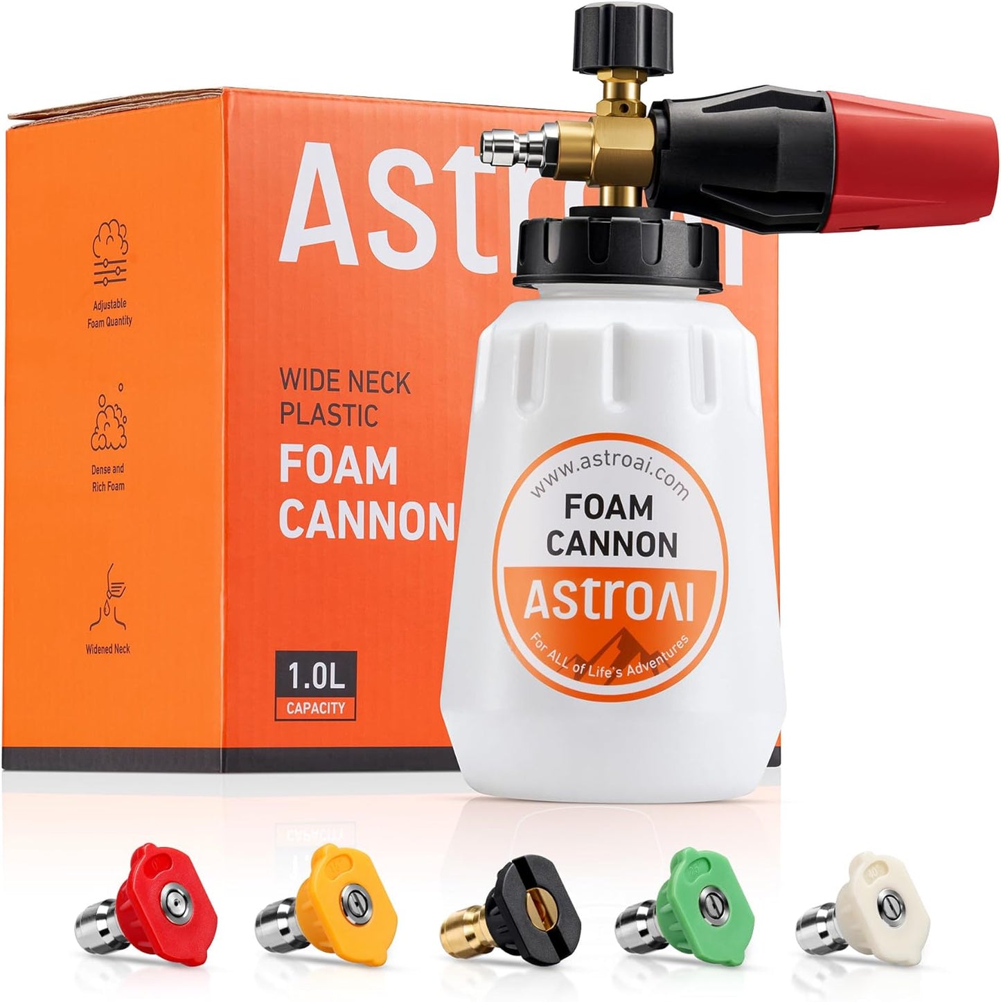 AstroAI Foam Cannon, Heavy Duty Car Foam Blaster Wide Neck Adjustable Snow Foam Lance and Thick Foam for Pressure Washer with 1/4" Quick Connector,1L Bottle