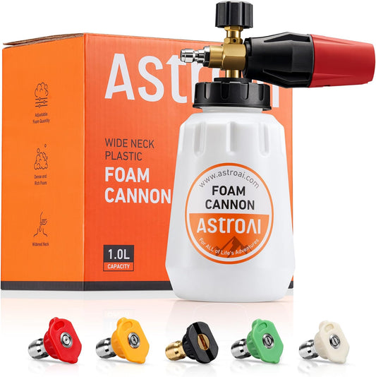 AstroAI Foam Cannon, Heavy Duty Car Foam Blaster Wide Neck Adjustable Snow Foam Lance and Thick Foam for Pressure Washer with 1/4" Quick Connector,1L Bottle