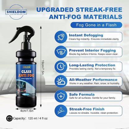 SHIELDOM Anti-Fog Spray for Glass Car Windshield Defogger Prevents Fogging of Interior Glass, Mirrors, Windows, Shower Door with Defogging & Cleaning Sponge, Towel 4oz/120ml