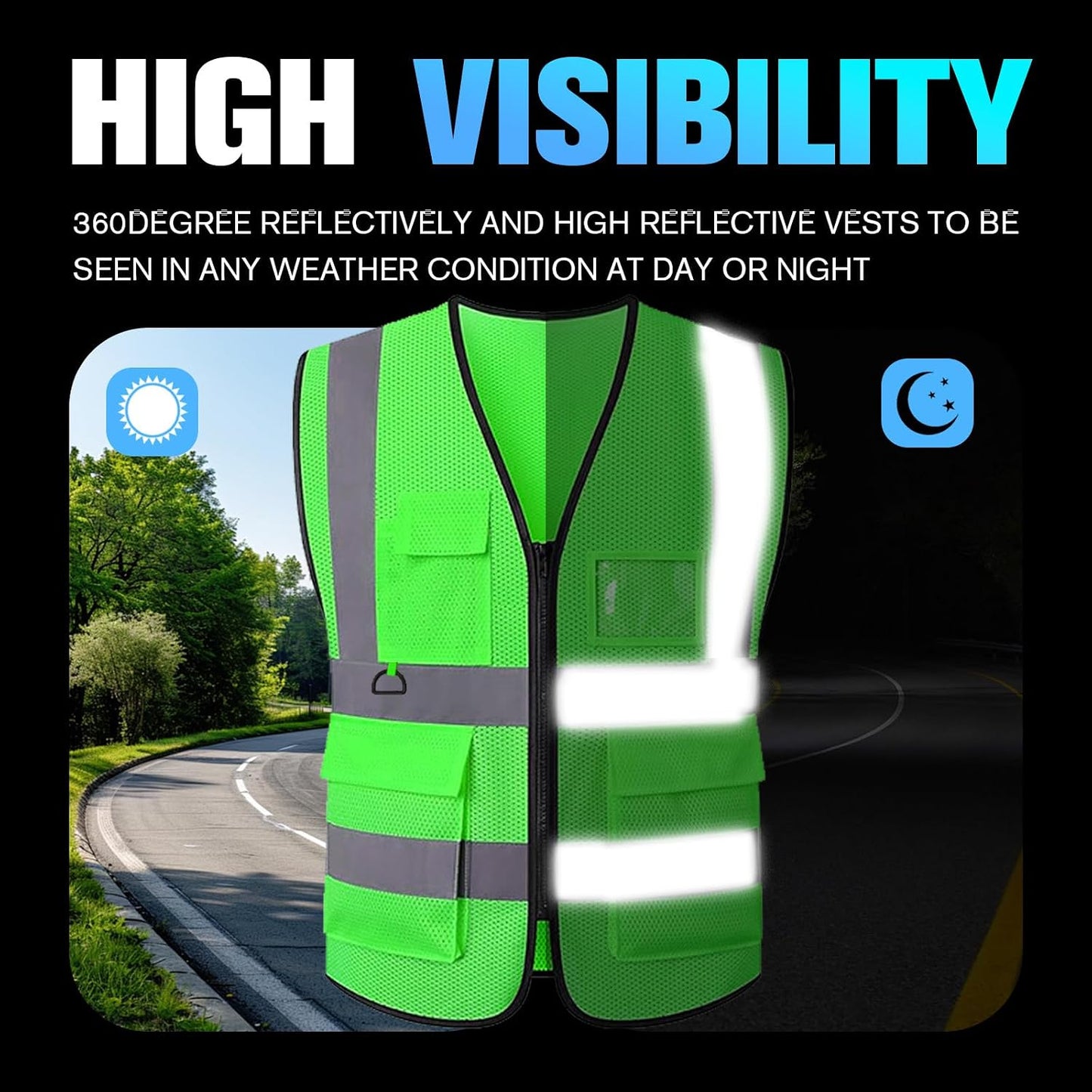 Reflective Mesh Safety Vest, Breathable Hi Vis Vest Construction Work with 5 Pockets and Zipper for Men Women