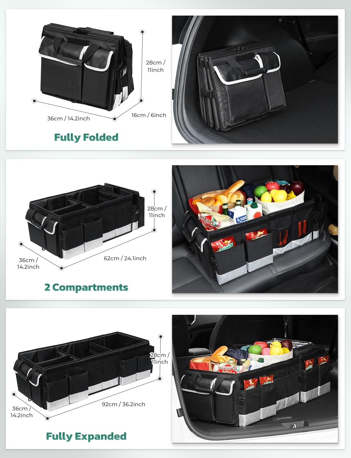 Oasser Car Trunk Organizer, 3 Compartments Collapsible Waterproof Car Organizer Storage with Foldable Cover, Reflective Strip, Non-Slip Bottom, 4 Mesh Pockets for SUV/Truck/Sedan/Camping/Road Trip