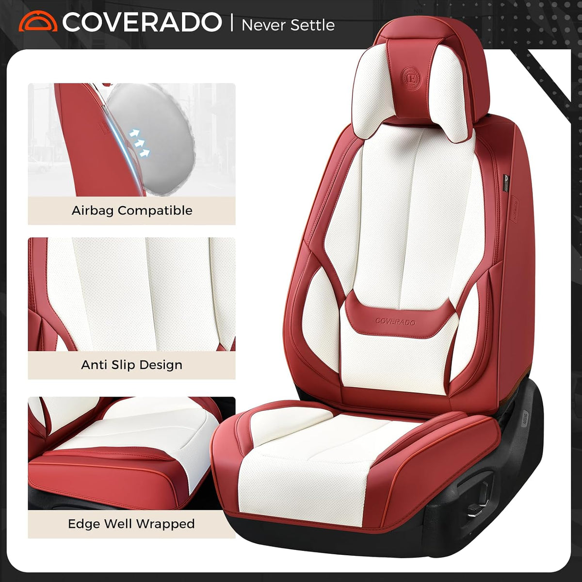 Coverado Seat Covers Full Set, Black Seat Covers for Cars 5 Seats, Car Seat Protector, Waterproof Nappa Leather Car Seat Cushion, Front and Rear Car Seat Cover Fit for Most Sedans SUV Pick-up Truck - Colors B