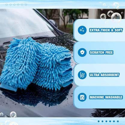 24 Pack Car Wash Mitt Bulk Microfiber, 10'' x 8'' Chenille Car Wash Mitt Gloves, Scratch Free Double Sided No Lint No Marks for Truck SUV and All Vehicle Surfaces (Blue)