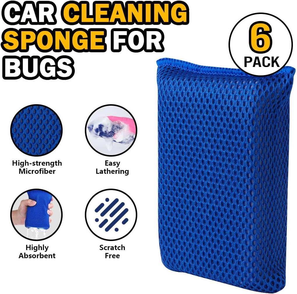 AIDEA Car Wash Sponge, Microfiber Large Bug and Tar Remover for Cars, Non Scratch Reusable Mesh Car Wash Sponges, 6PK, Blue, 5.71 * 3.54 * 1.89 inch