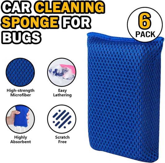 AIDEA Car Wash Sponge, Microfiber Large Bug and Tar Remover for Cars, Non Scratch Reusable Mesh Car Wash Sponges, 6PK, Blue, 5.71 * 3.54 * 1.89 inch