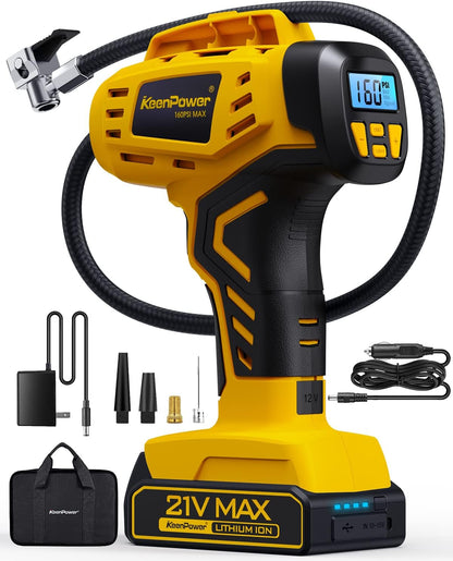 KeenPower Tire Inflator Portable Air Compressor - Super Fast - 21V Rechargeable Battery Powered Handheld 160PSI Tire Inflator, Dual Power Supply Modes, Portable Air Pump for Car Motorcycle E-Bike