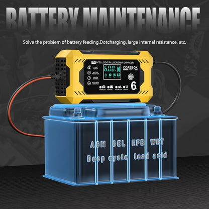 Corebox Battery Charger 6-Amp 12V Automatic Smart Battery Trickle Charger, Battery Maintainer Desulfator with Temperature Compensation for Car Truck Motorcycle Lawn Mower Marine