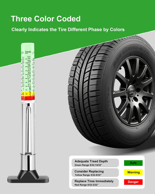 GODESON Tire Tread Depth Gauge, Fluorescent Smart Color-Coded Tire Depth Gauge 32nds,Pocket Clip Tyre Thread Wear Measure Tool for Car, Semi Truck, Motorcycle, Glow-in-The-Dark（Pack of 1）