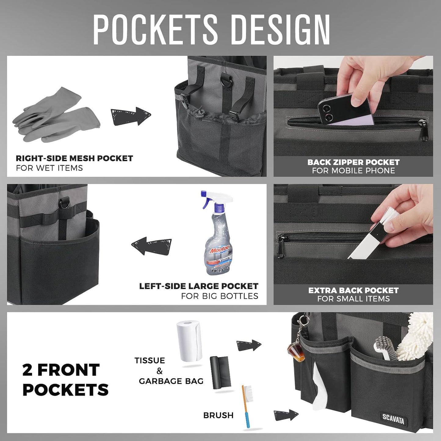 SCAVATA Compact Wearable Cleaning Caddy, Small Supplies Organizer with Handle & Shoulder Straps for Housekeepers, Under Sink & Car Cleaning Tool Organizer Bag (Black)