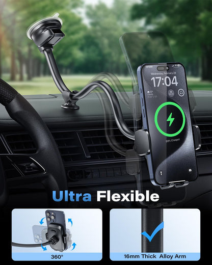 1Zero Solid Car Truck Phone Mount Holder with 14-Inch Gooseneck Long Arm, Windshield Window Mobile Holders w/Industrial-Strength Suction Cup, Anti-Shake Stabilizer Compatible All Cell Phones iPhone