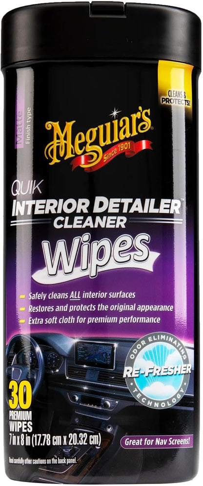Meguiar's Quik Interior Detailer Wipes G13600, 6 Pack of 30 Count, 180 Total, Dashboard and Trim Cleaner for Leather, Vinyl, Rubber, Metal, LCD, Navigation Screens, Non-Greasy Touchups