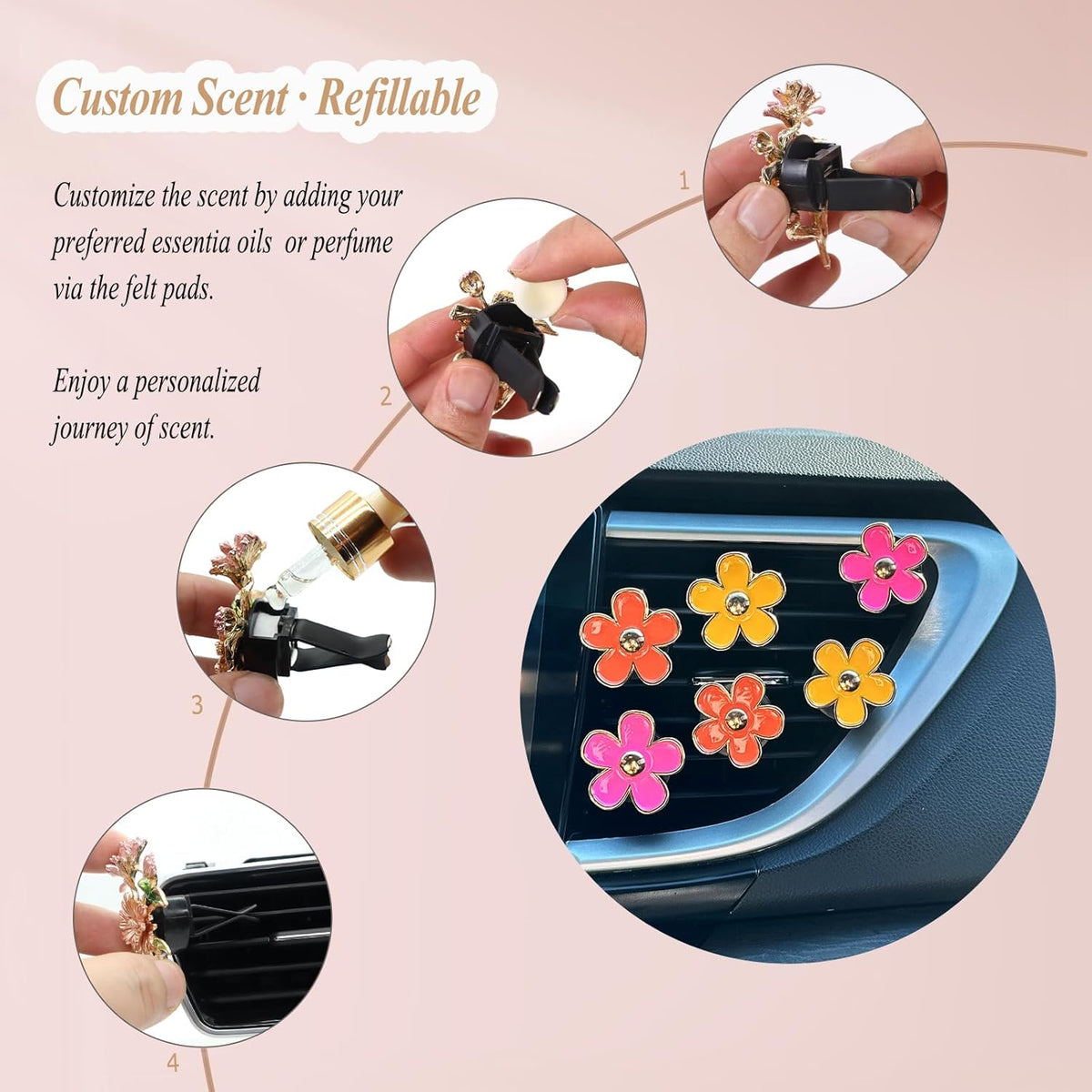 ORIESSE 6pcs Flowers Car Air Freshener Vent Clips Purple White Daisy Air Vent Clip Car Accessories for Women 3.3cm/3cm Flower Vehicle Interior Decor Refillable Diffuser