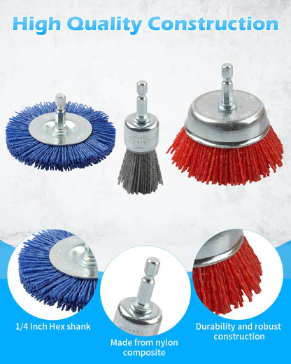 Rocaris 9 Pack Nylon Filament Abrasive Wire Brush Wheel & Cup Brush Set with 1/4 Inch Hex Shank, for Removal of Rust/Corrosion/Paint - 80 Grit, 120 Grit, 240 Grit